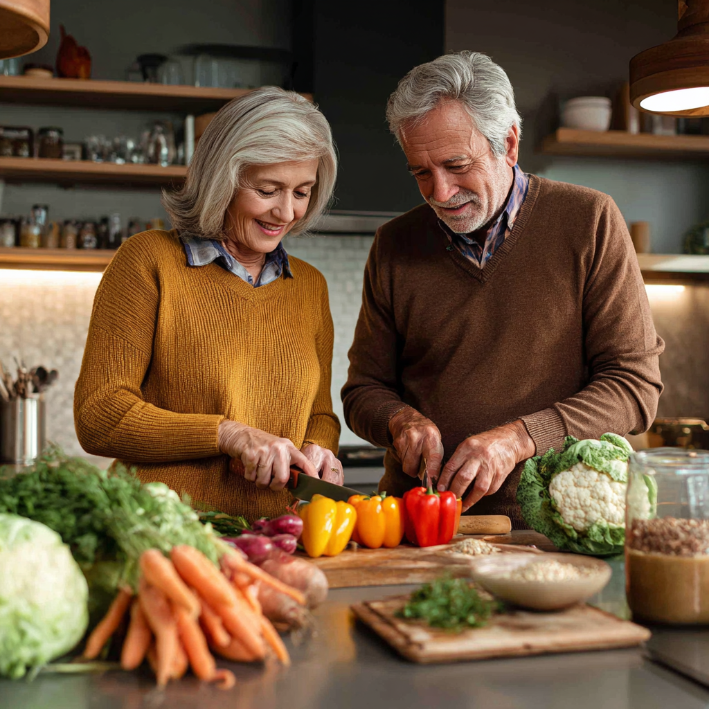 Mature couple preparing healthy vegetables and grains in modern kitchen
