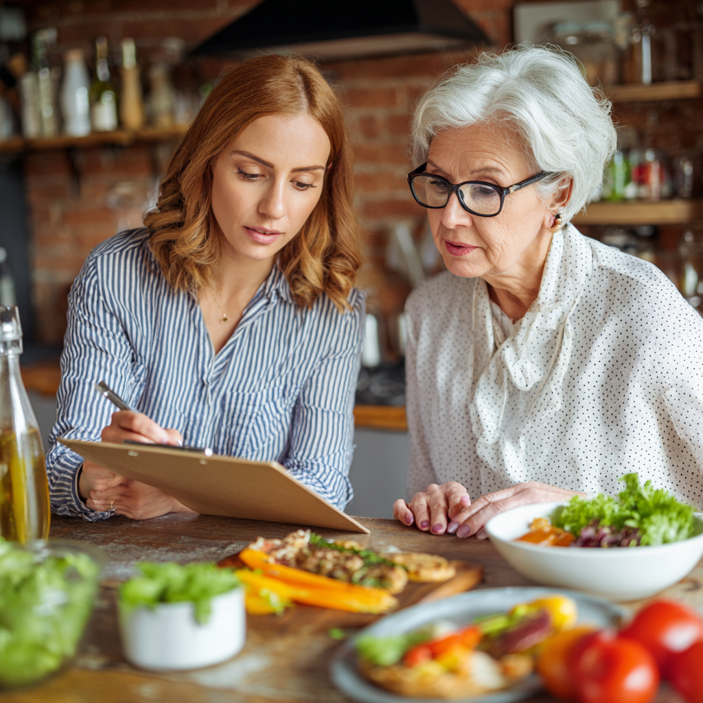 Professional nutritionist consulting with middle-aged client about meal planning